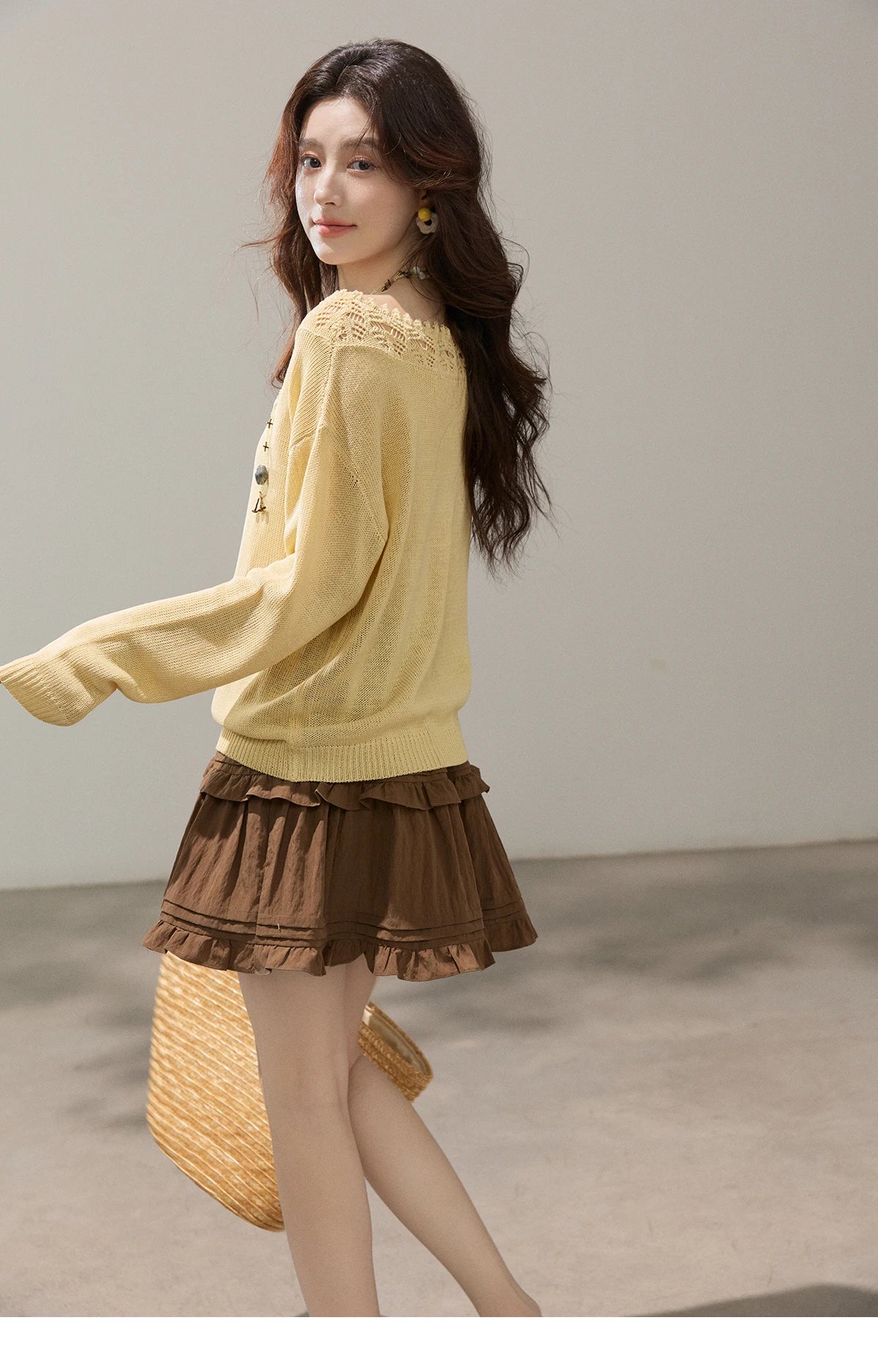 Mishow Yellow Hollow Lace Trim Boat Neck Sweater MXF15Z3050