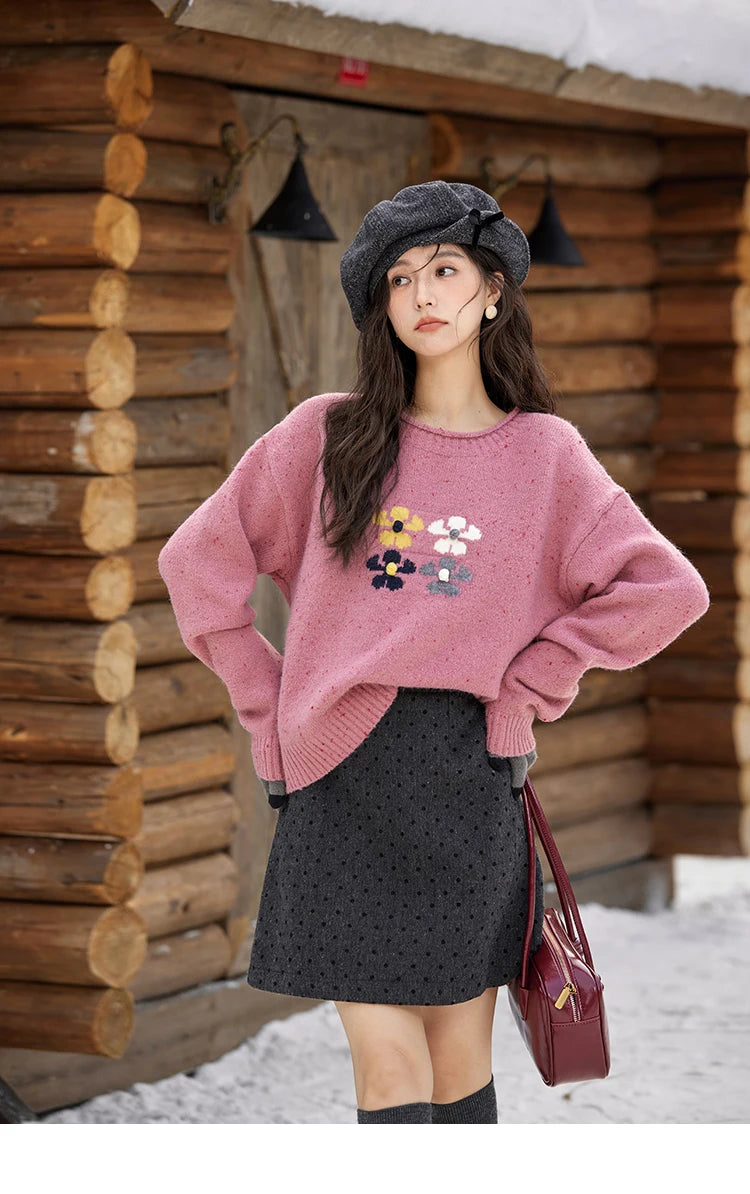 Mishow Wool Blend Flower Color Dots O-Neck Pullover MXD56Z1066
