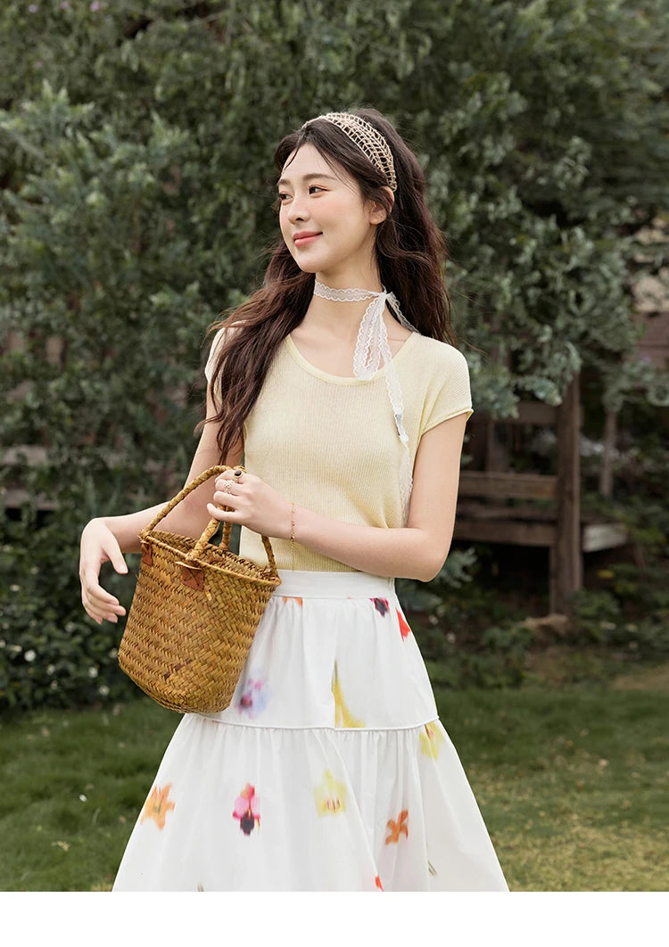 MISHOW White Background Flower Cotton Skirt High Waist A-LINE MXE32B0720