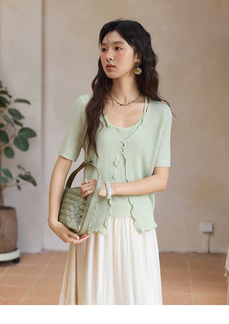 Mishow Mint Green Fake Two-Piece Short Sleeve Cardigan MXE36Z1286