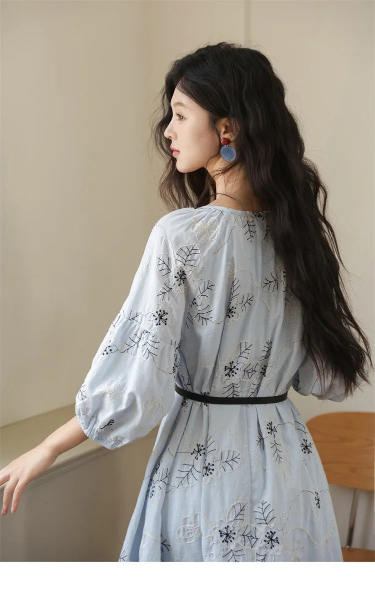 MISHOW Blue Flower Embroidered Lantern Sleeve Dress MXE42L2493