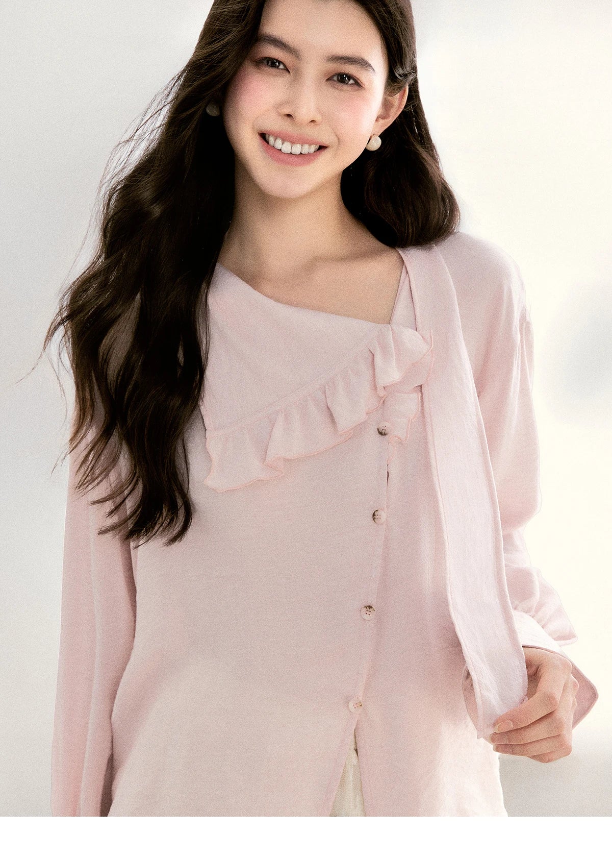 MISHOW Pink Asymmetrical Ruffled Collar Blouse Puff Sleeve MXF11X2520