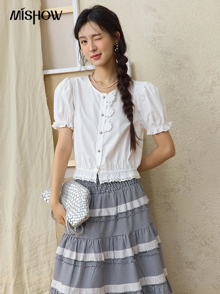 MISHOW Lace Puff Sleeve Shirt Flower Buttons Hem Elastic MXE34X1820