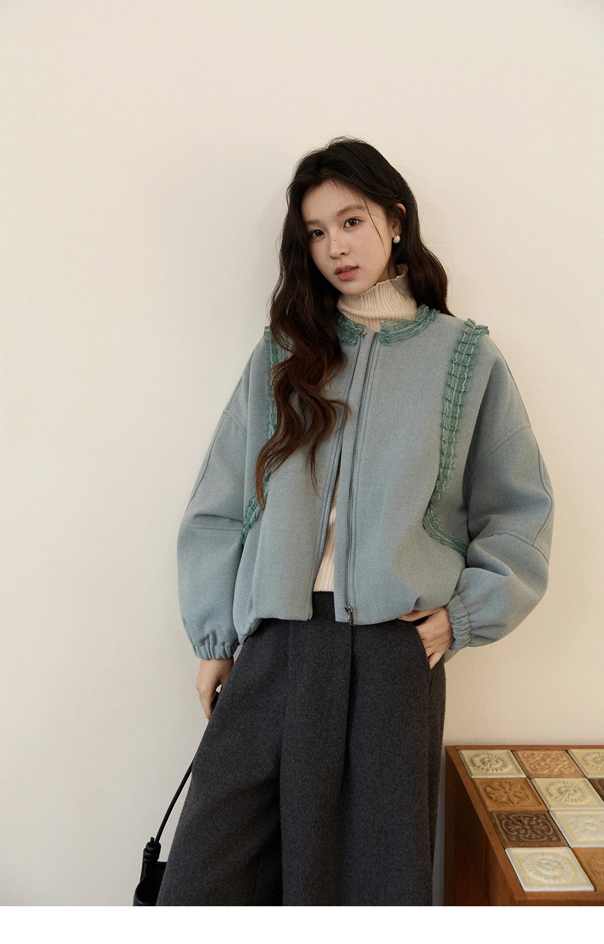 Mishow Light Blue Lace Trim Puff Sleeve Down Coat MXE94W1048