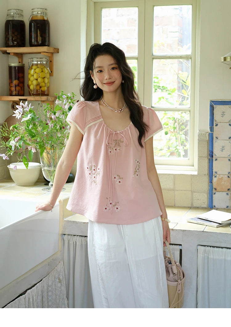 MISHOW Embroidery Flower Blouse O-Neck Lace Up Flying Sleeve MXE39X1880