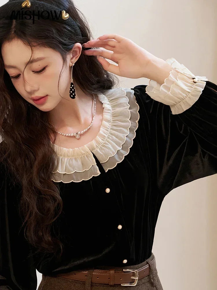 MISHOW French Retro Velvet Blouse Button Down O Neck MXC51X1323