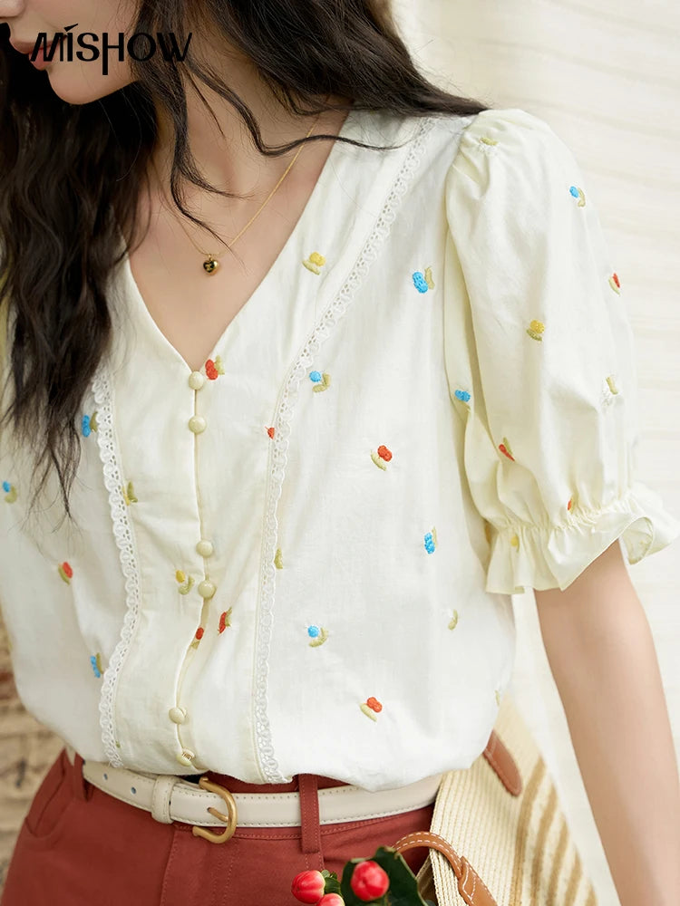 MISHOW 100% Cotton Square Neck Blouse Embroidered Lace Patchwork Puff Sleeve MXD22X1420