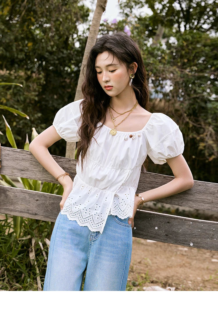 MISHOW Solid Short Puff Sleeve Blouse Hem Hollow Beading MXE33X1776