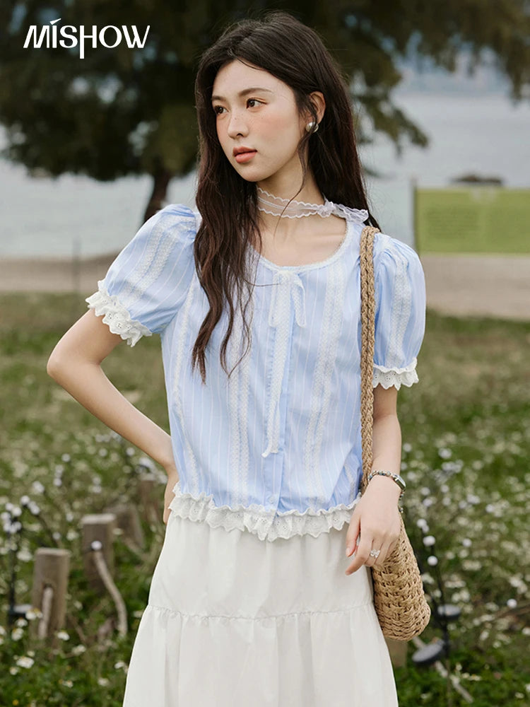 MISHOW Striped Blouse Short Puff Sleeve Lace Patchwork MXE32X1759