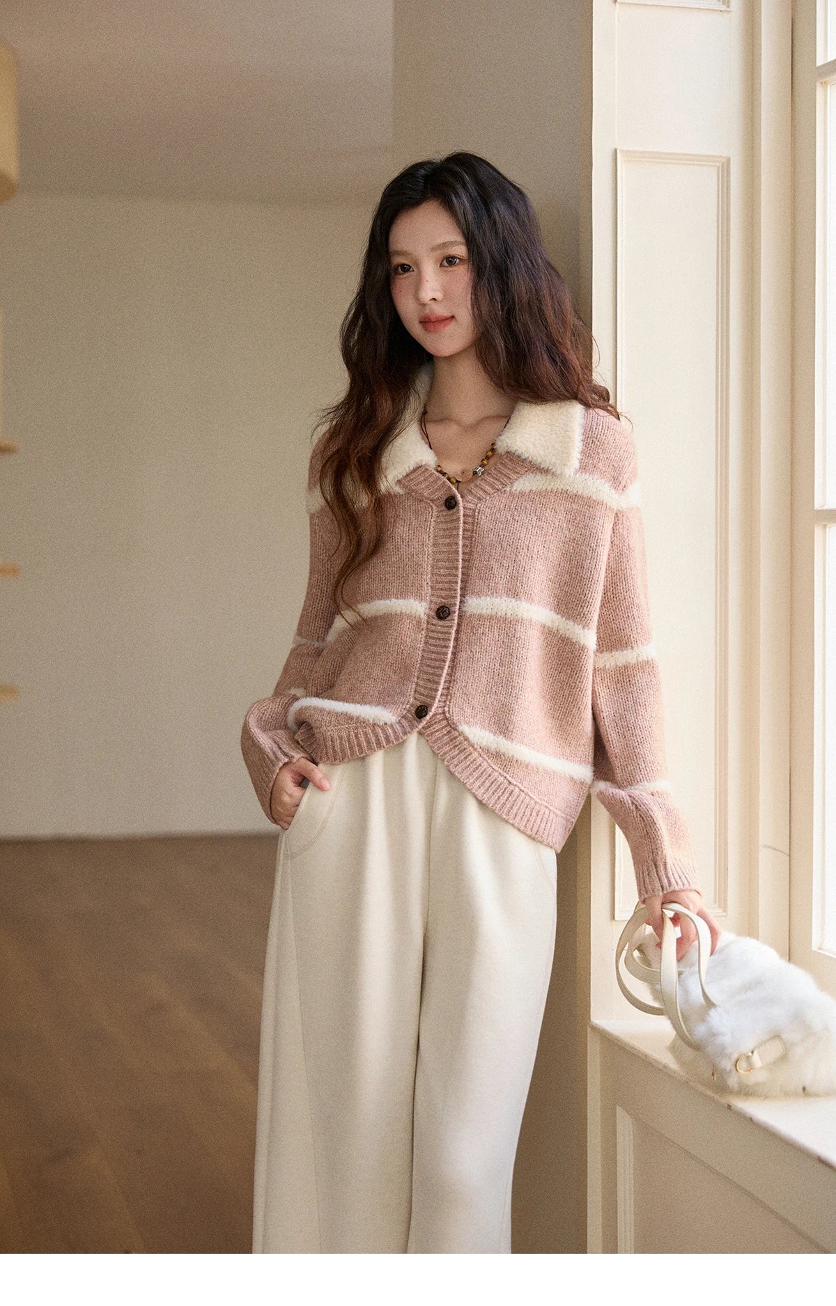 Mishow Faux Mink Turn-Down Collar Striped Cardigan MXE89Z2668
