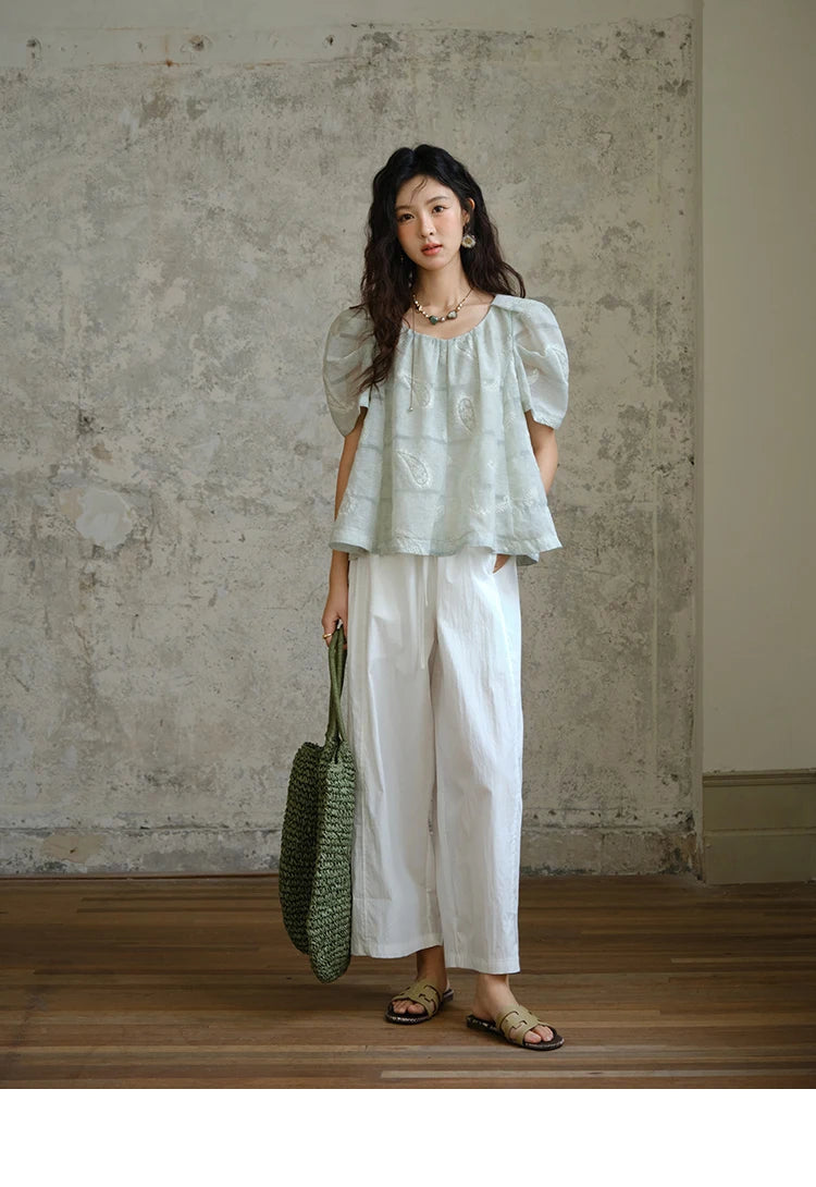 MISHOW O-Neck Print Blouse Embroidery Puff Sleeve Loose MXE34X1807