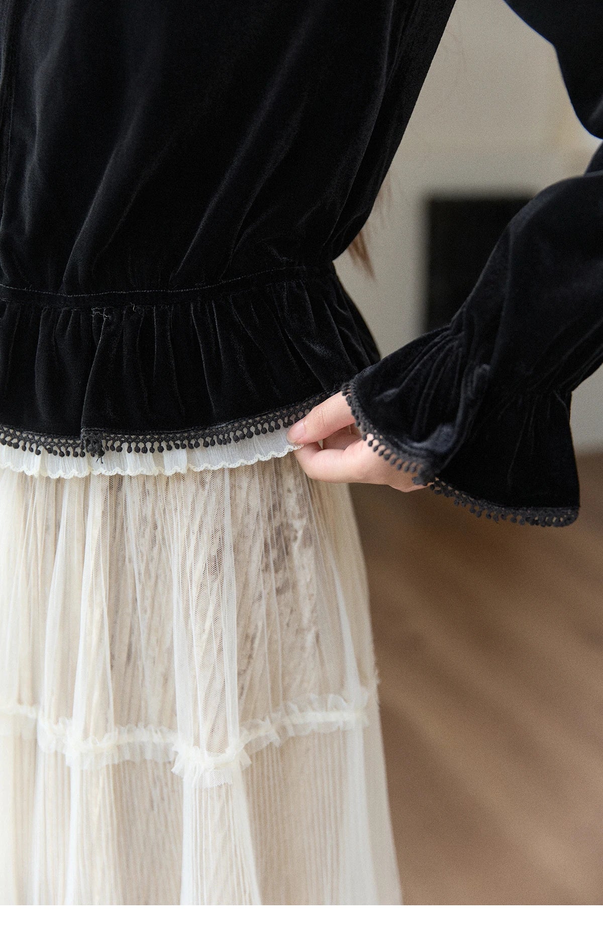 Mishow Black Velvet Lace Pearl Button Puff Sleeve Shirt MXE94X2516