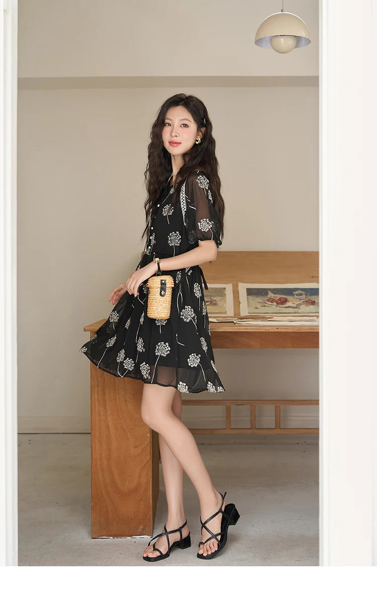 Mishow Taraxacum Black Embroidered Lace-Up Dress MXC39L1567