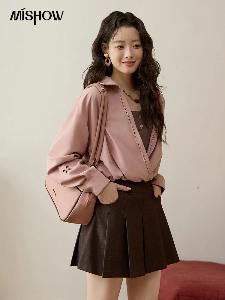MISHOW Fake Two-piece Blouse Contrasting Color V-Neck MXE45C2403