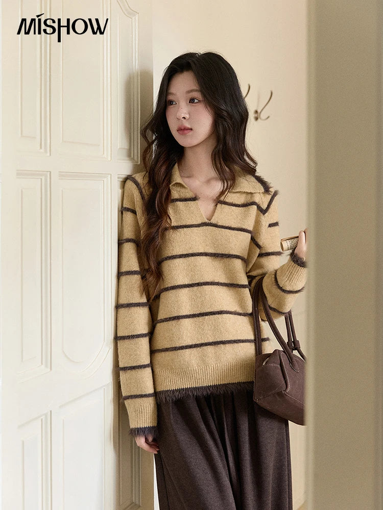 Mishow Faux Mink Fur Striped Lapel Tassel Sweater MXE93Z2945