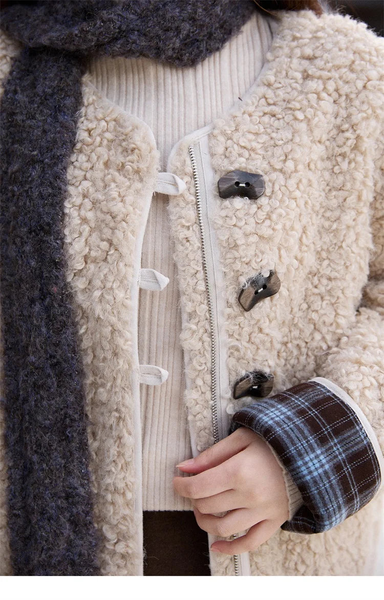 Mishow Plaid Patchwork Curly Lambswool Coat MXE87W0939