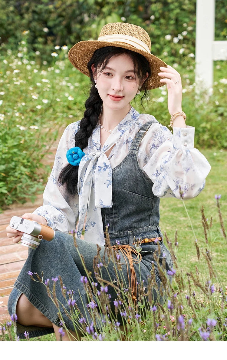 MISHOW Retro Denim Strap Pocket Midi Dress MXD14L1817