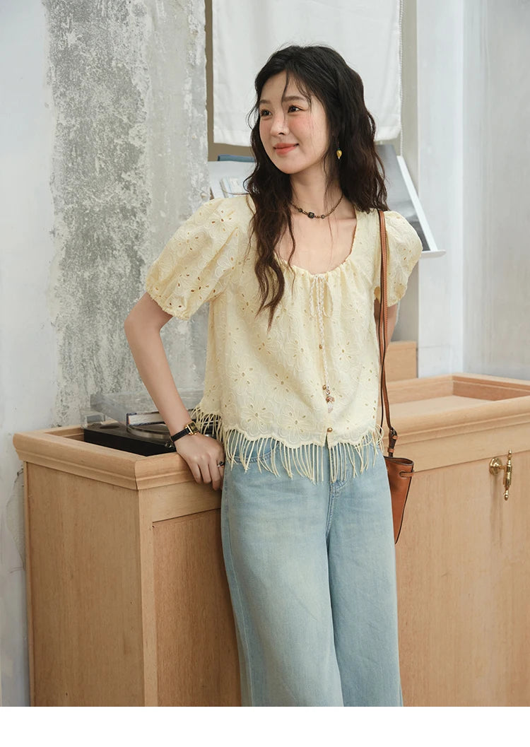 MISHOW Hollow Out Blouse Embroidery Puff Sleeve Square Collar Tassel MXE37X1851