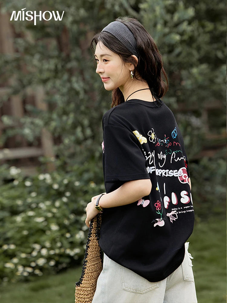Mishow Graffiti Letter Print Round Neck Tee MXE15T0475