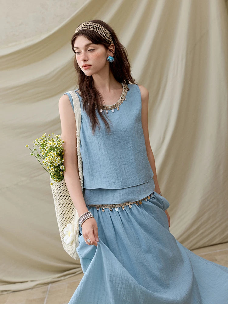 Mishow Sheel Ribbon Round Neck Top & High Waist Skirt Set MXE32T0556