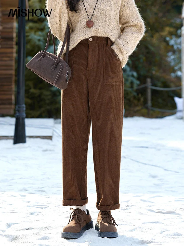 MISHOW Corduroy Pants High Waist Straight Pocket Velvet Inside MXD55K0813