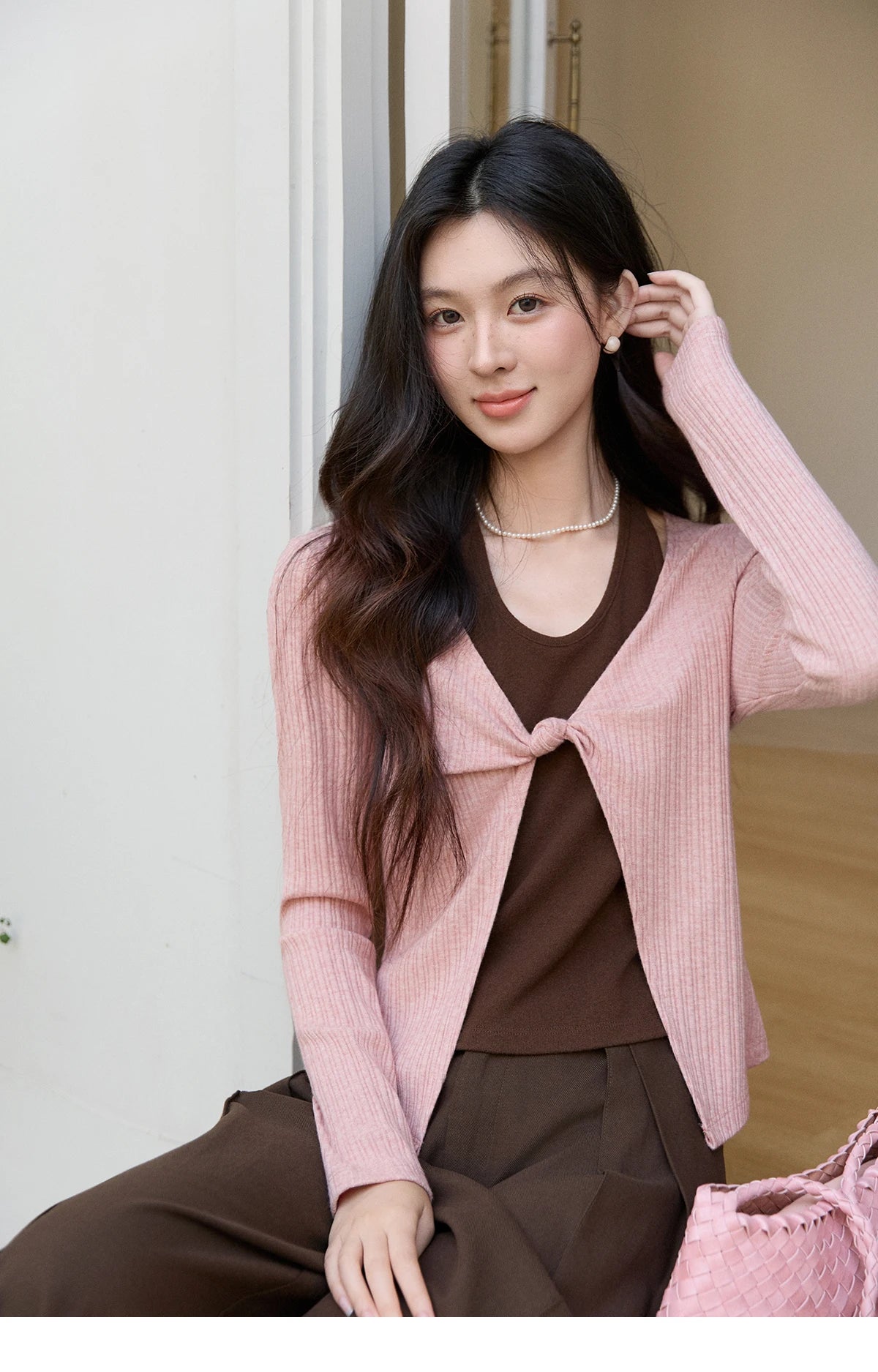 Mishow Pink Brown Fake Two-Piece Knot Front Top MXF11Z2912