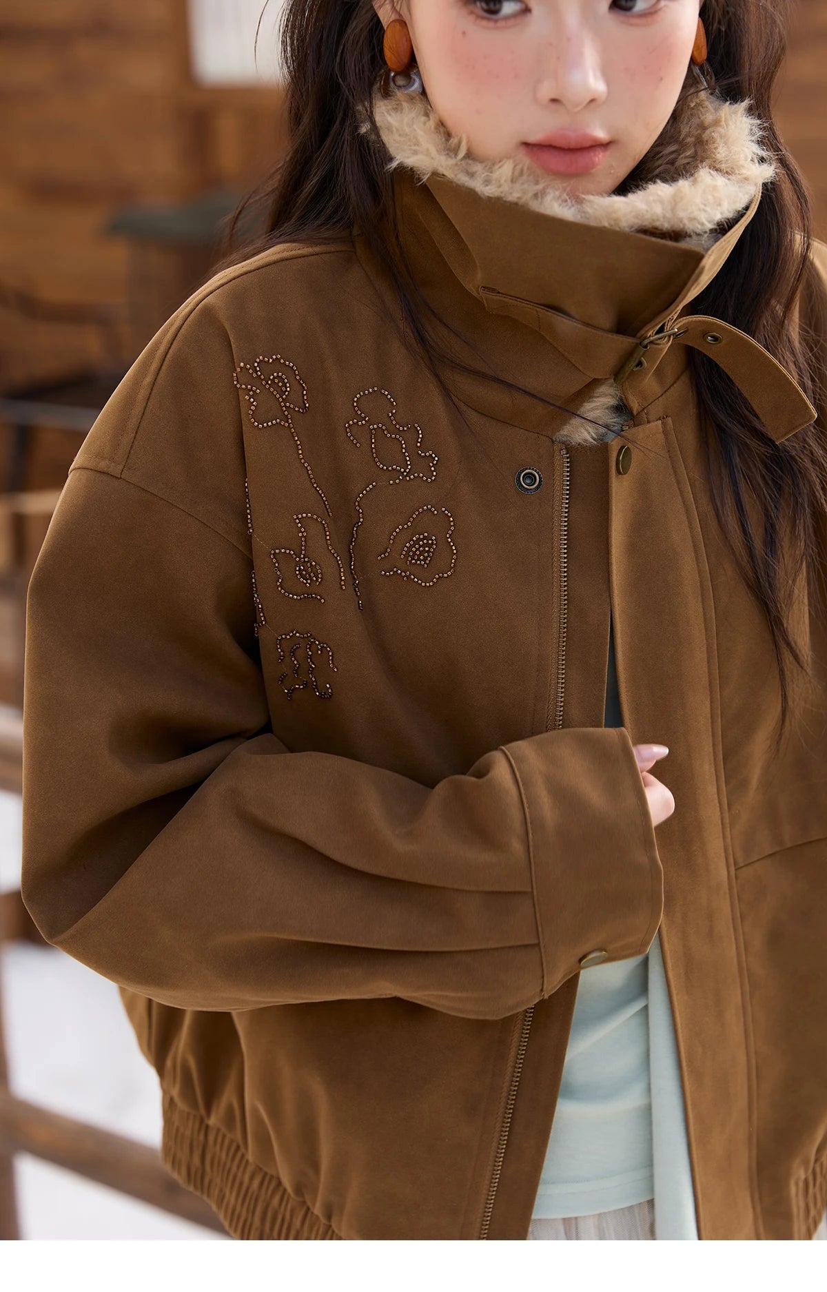 MISHOW Brown Suede Jacket Detachable Fur Collar Zipper MXE51W0876