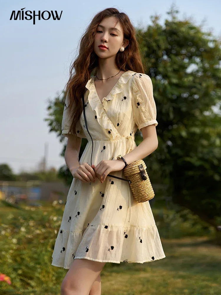 Mishow French Floral High Waist Puff Sleeve Dress MXC21L1282