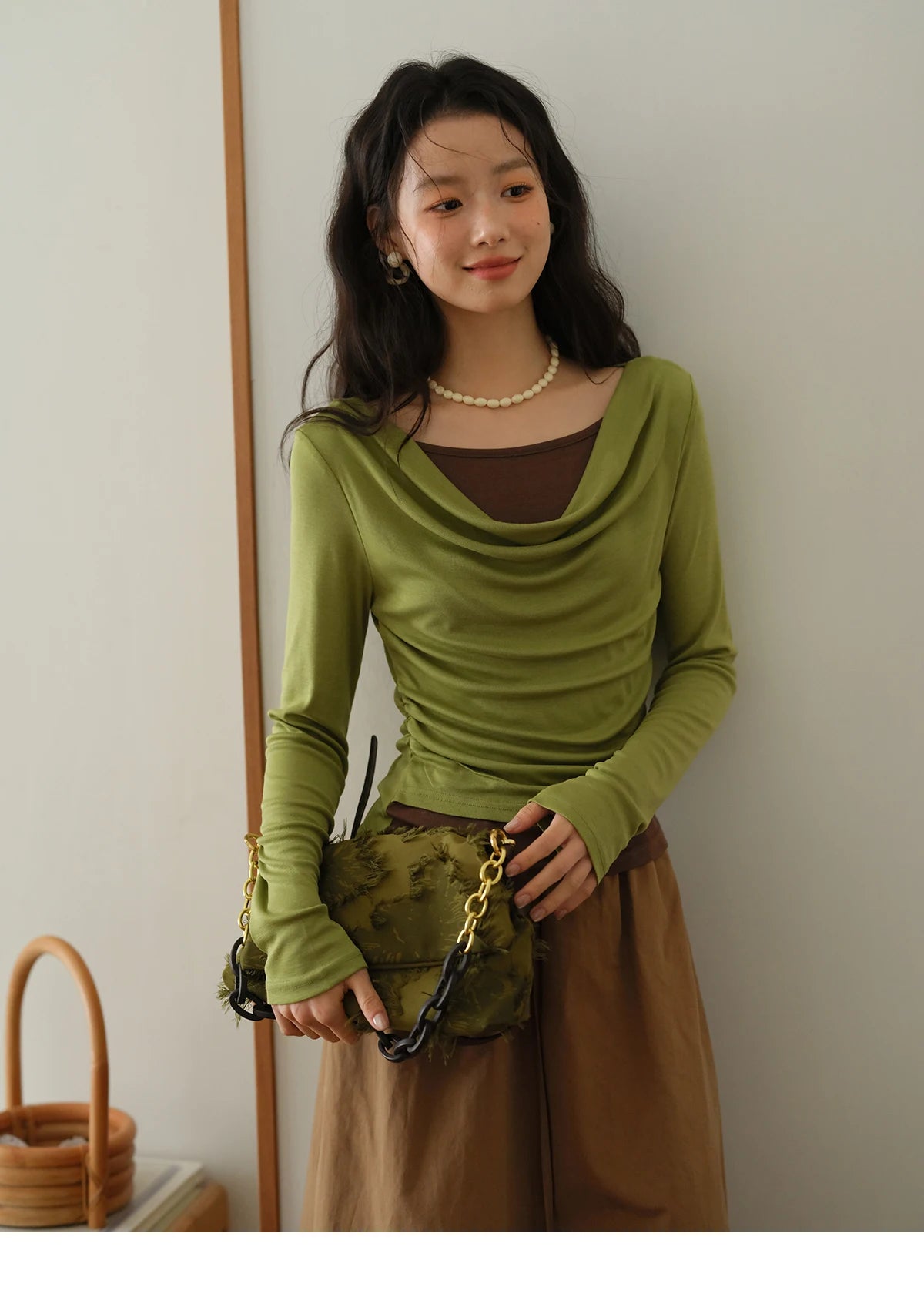 MISHOW Brown Cotton Bud Skirt Elastic Drawstring High Waist Pocket MXE41B2367