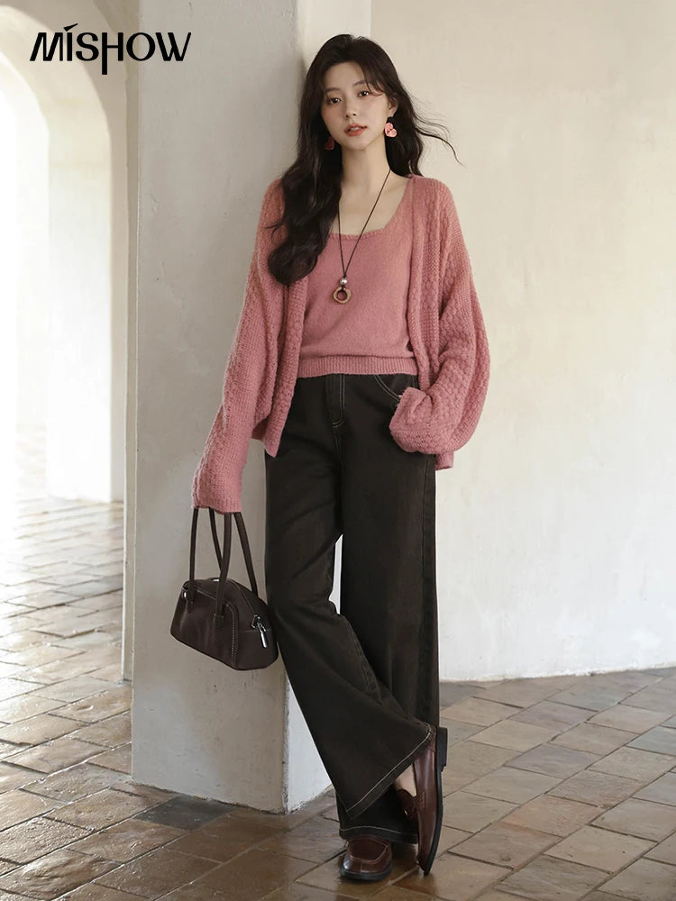 Mishow Pink Long Sleeves Cardigan with Vest Set MXE44T0737