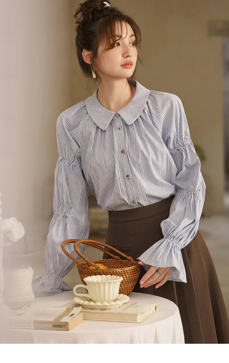 MISHOW Blue Stripe Shirt Bubble Sleeves Doll Neck MXD12C0163