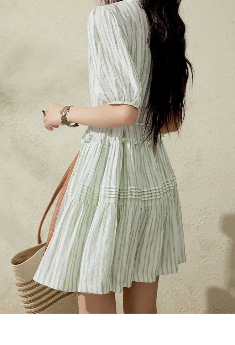 MISHOW French Green Striped Puff Sleeve Dress MXE15L2141