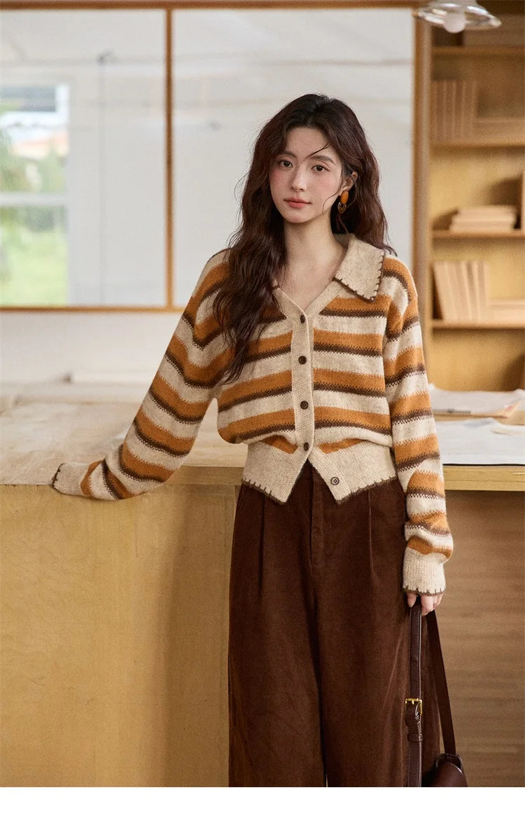 Mishow Retro Striped V-Neck Wool Cardigan MXE87Z2681