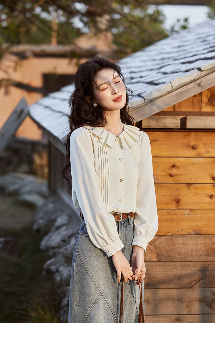 MISHOW Tucker Pleats Doll Neck Shirt Ruffled O Neck MXE12C0401