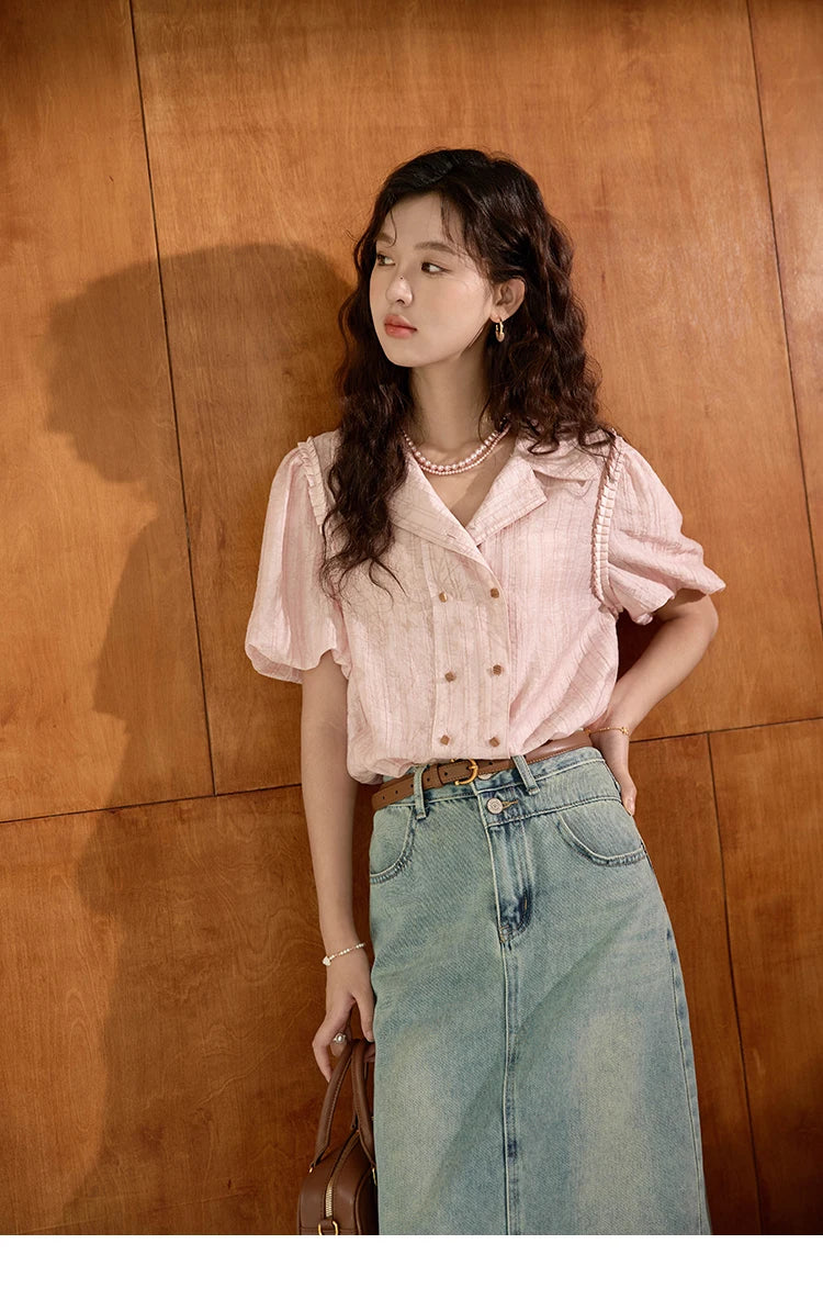 MISHOW Retro Pink Short Sleeve Shirt Ruffled Edge MXD29C0273