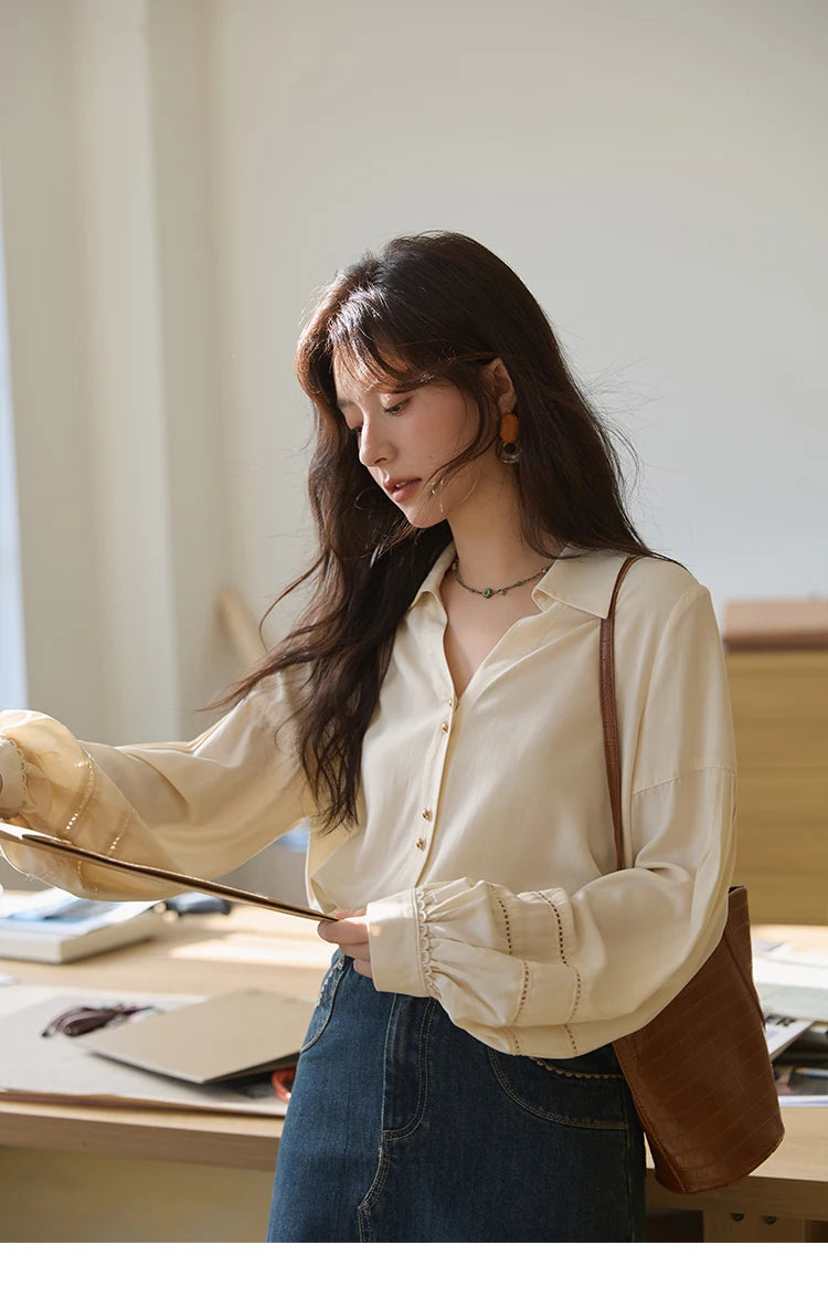 MISHOW Women's Lantern Sleeve Hollow Out Shirt Lapel Solid Top MXE41C2359