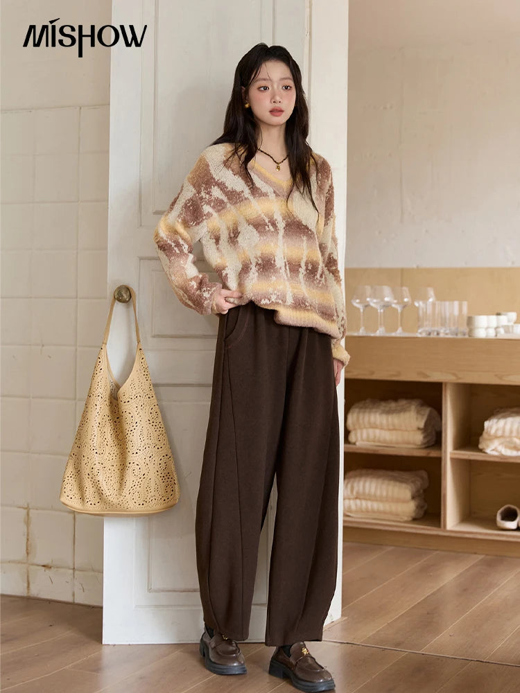 Mishow Yellow Coffee Gradient V-Neck Cable Knit Sweater MXE51Z2627