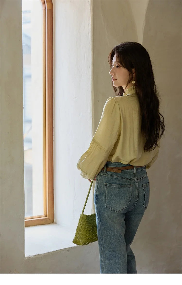MISHOW Women's Light Yellow Linen Shirt Stand Collar Lace Sleeves MXE42X1976
