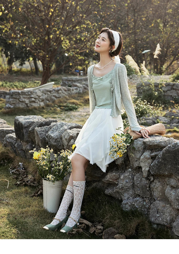 Mishow Light Green Lace Bow Camisole & Cardigan Set MXE15T0504