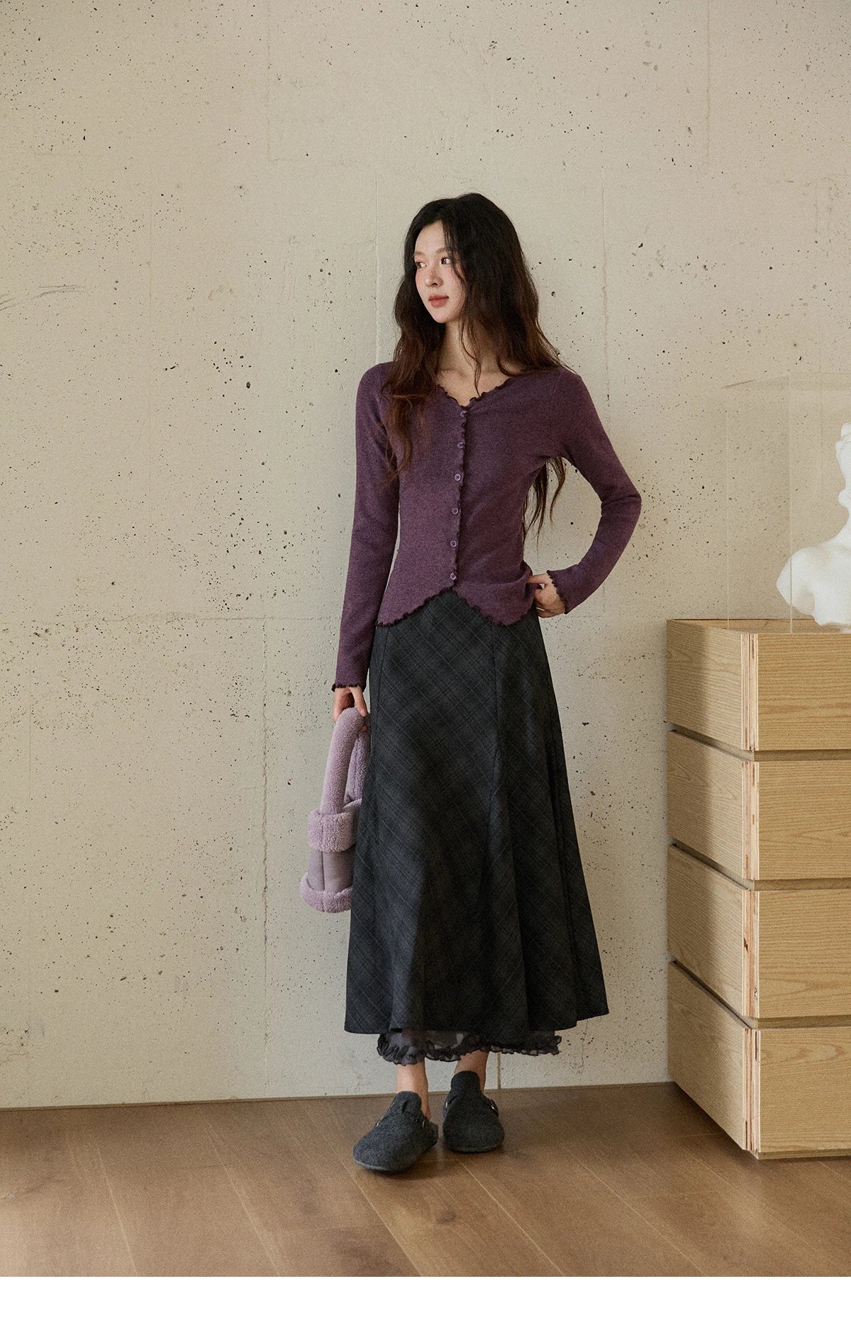 Mishow Ruffled Edge V-Neck Ribbon Knit Pullover MXE86Z2728