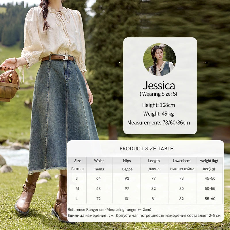 MISHOW Washed Hem Fringed Denim Midi Skirt A-Line Retro MXD41B0453