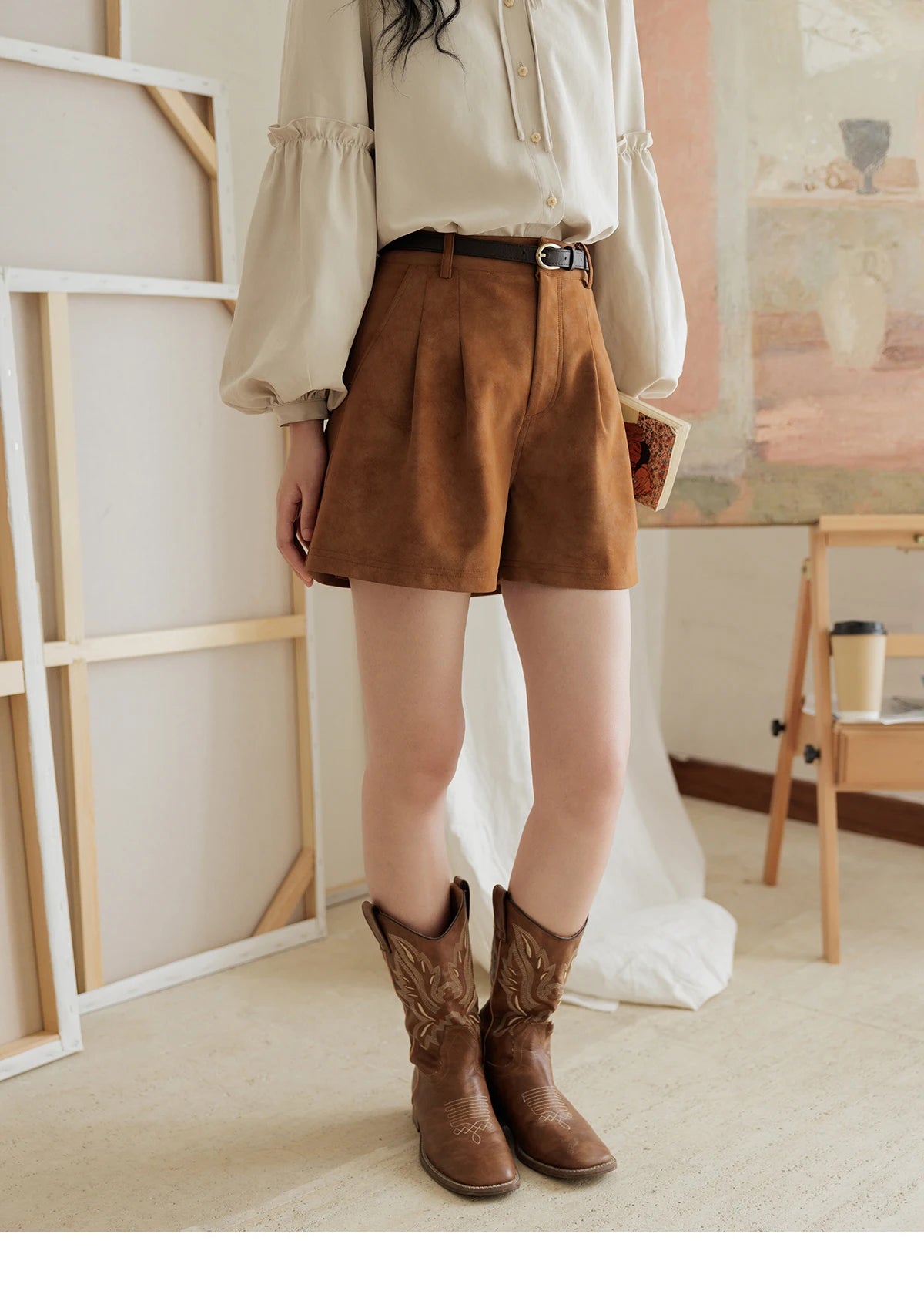 Mishow Suede High Waist A-Line Wide Leg Shorts with Pockets MXD44K0753