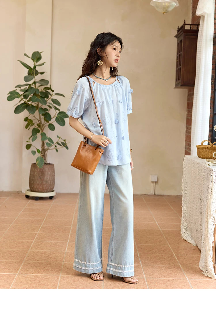 MISHOW Butterfly Embroidery Blouse Hollow Out O-Neck MXE36X1878