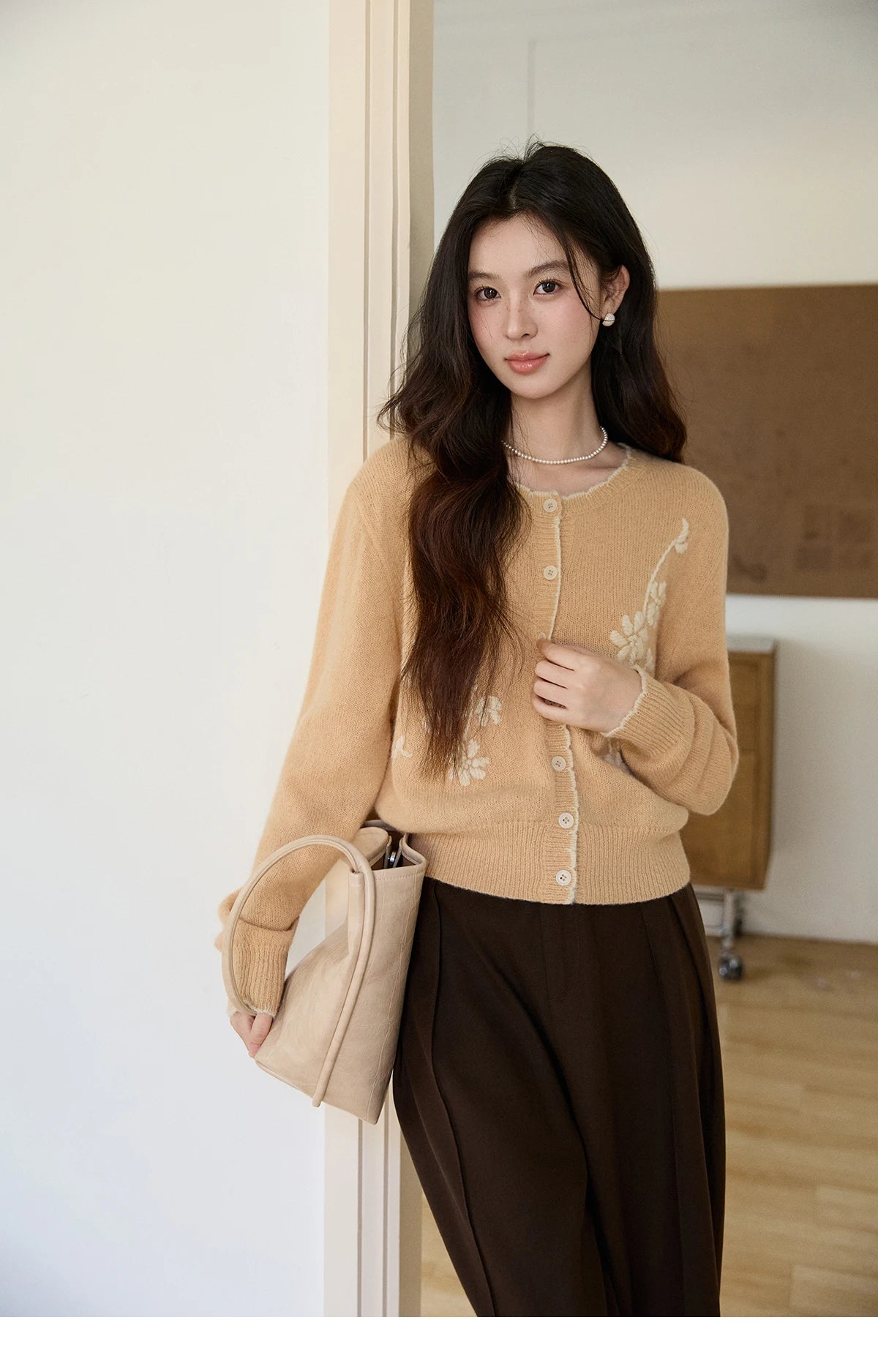 Mishow Camel Floral Embroidery Crew Neck Cardigan MXF11Z2896