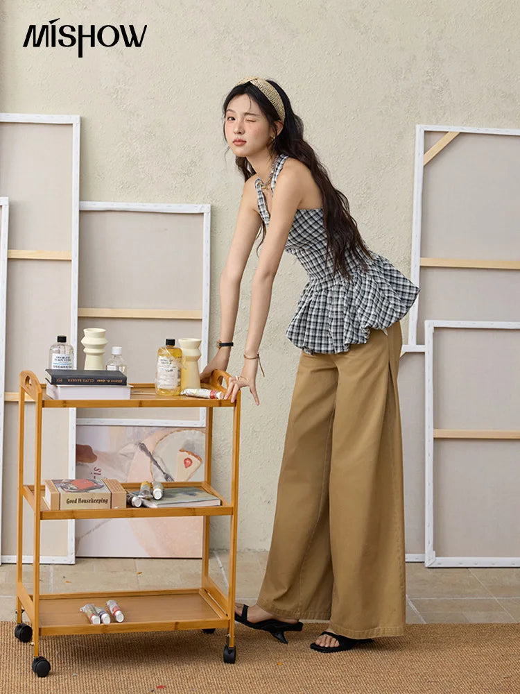 MISHOW Cotton Khaki Lace Patchwork Wide Leg Pants High Waist MXE34K0925
