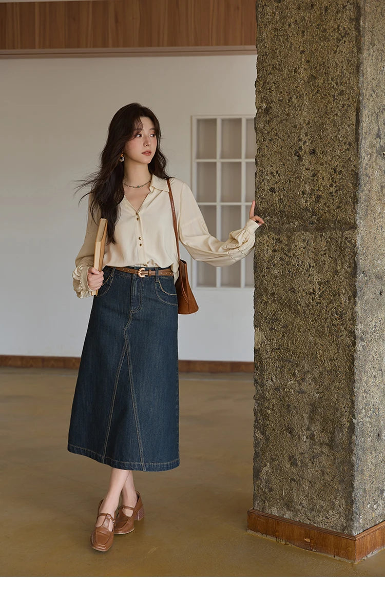 MISHOW High Waist Slim Denim Skirt Pocket Rear Hem Split MXE41B2379