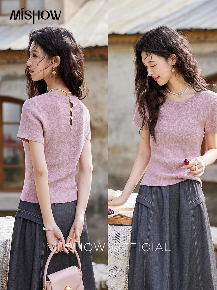 Mishow Back Hollow Pearl Button Knit Tee MXE13Z1072