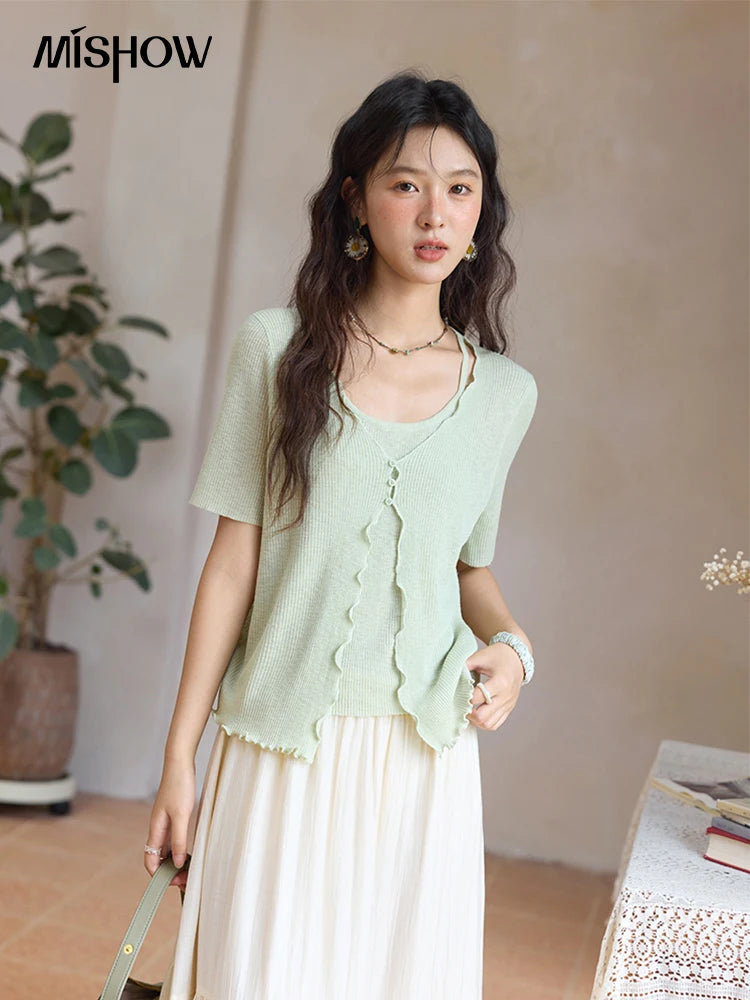 Mishow Mint Green Fake Two-Piece Short Sleeve Cardigan MXE36Z1286