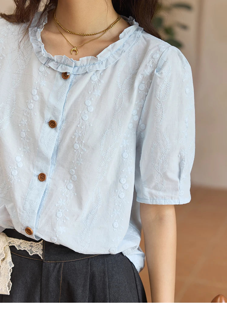 MISHOW 100% Cotton Puff Sleeve Shirt Round Neck Button MXE36X1873
