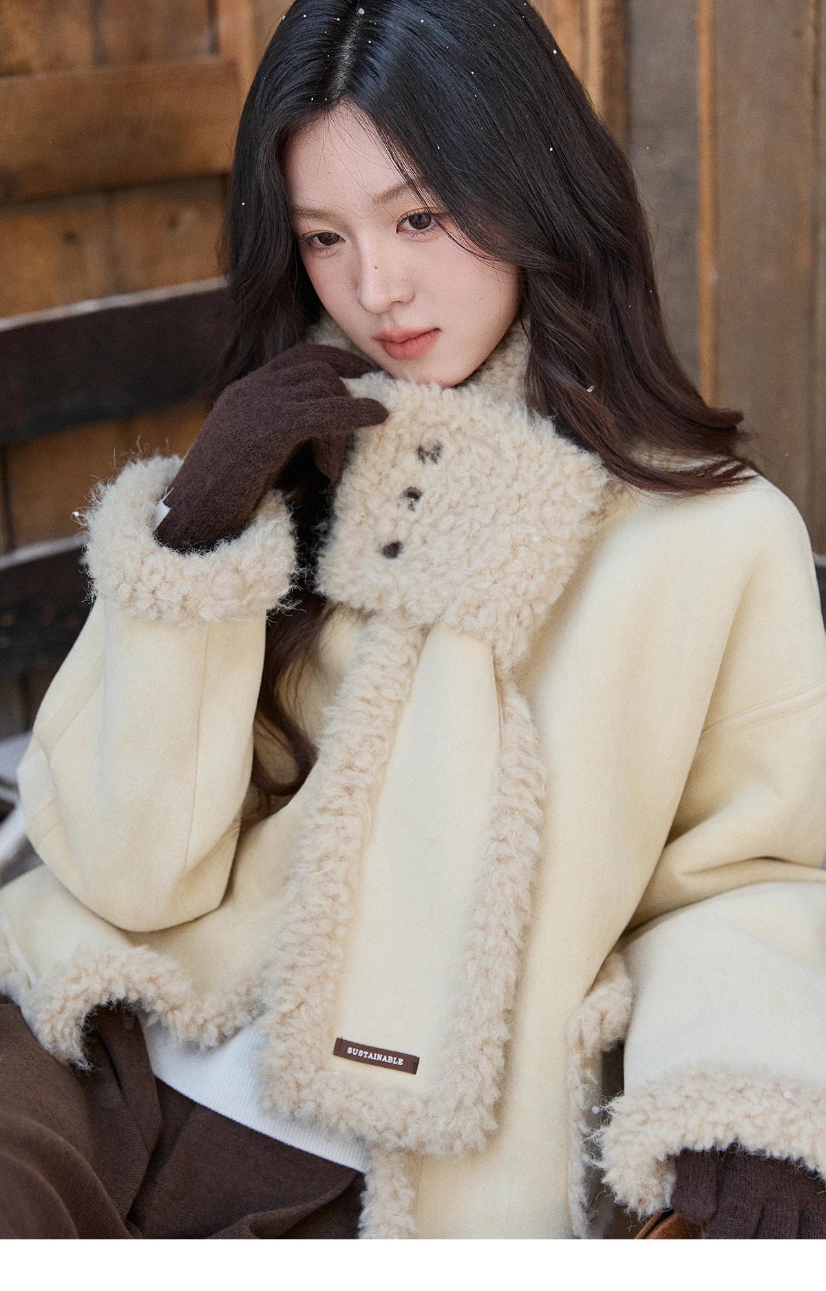 Mishow Cream Yellow Faux Suede Coat with Matching Scarf MXE91W1019
